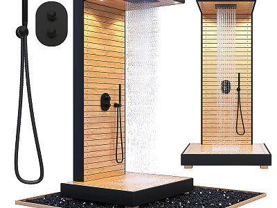 Modern Shower Sauna Interior Design With Wooden Panel Walls Black Fixtures And Rainfall Shower Heads 3d model