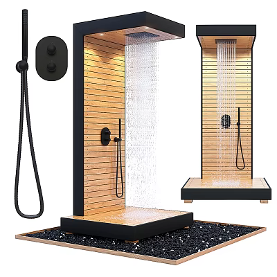 Modern Shower Sauna Interior Design With Wooden Panel Walls Black Fixtures And Rainfall Shower Heads 3d model
