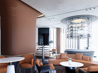 Modern Café Interior With Brown Pillars Circular Chandelier Sofas And Round Tables 3d model