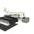 Elegant Double Bed with Leather Headboard Gray White Bedding Nightstands Vases Green Plants Gray Rug