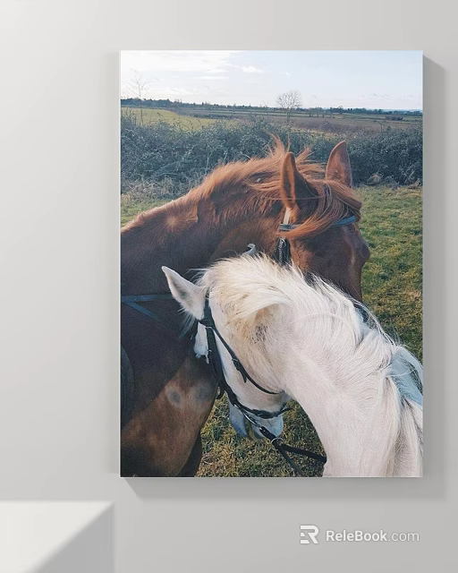 Animal Painting of Brown and White Horses Nuzzling Together in Green Grass Field 3d model 