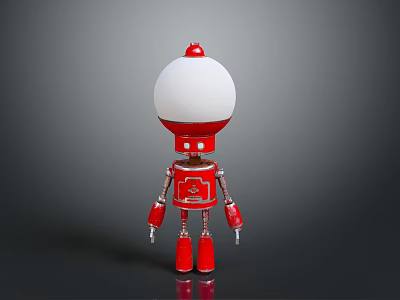 Red Robot Character With White Spherical Head Red Body Silver Arms And Legs Design 3d model