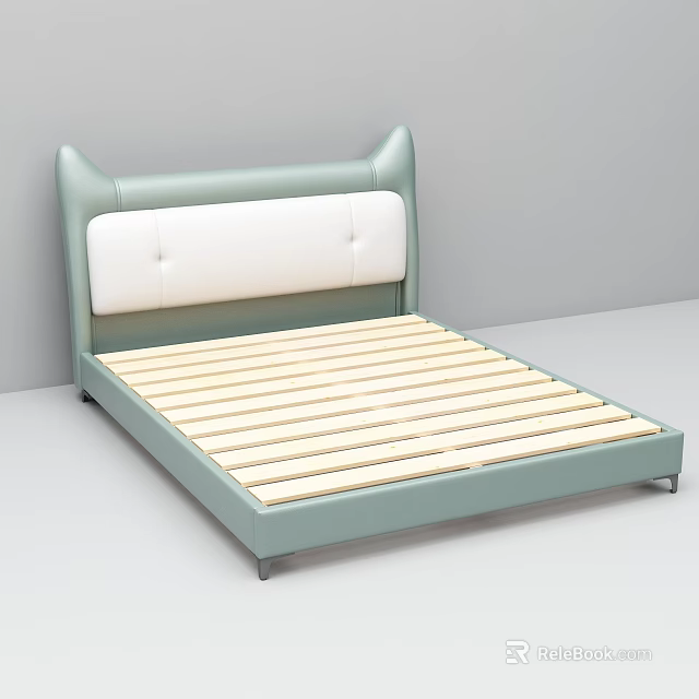 Light Green Leather Double Bed with White Padded Headboard and Wooden Slat Base 3d model 
