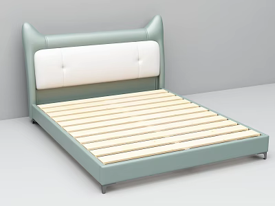 Light Green Leather Double Bed with White Padded Headboard and Wooden Slat Base 3d model