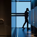 Ultra Modern High Tech Public Mens Toilet With Sleek Partitions And Cool Ambient Lighting