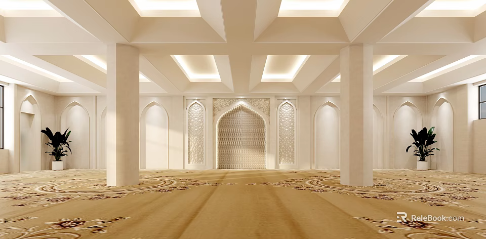 Religious Faith Worship Space Interior with Arched Doorways Columns Patterned Carpets and Ceiling Lights 3d model 