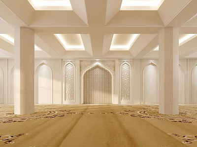 Religious Faith Worship Space Interior with Arched Doorways Columns Patterned Carpets and Ceiling Lights 3d model