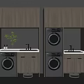 Modern Laundry Area With Two Washing Machines Wooden Cabinetry And Sink