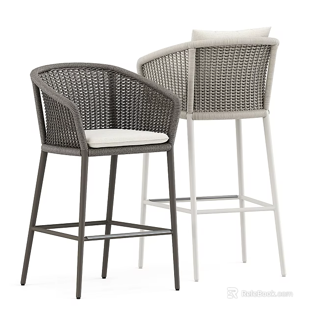 Rattan Bar Stools With White Cushions Dark And Light Metal Legs Design 3d model 