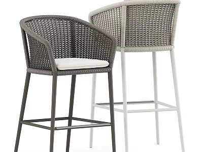 Rattan Bar Stools With White Cushions Dark And Light Metal Legs Design 3d model