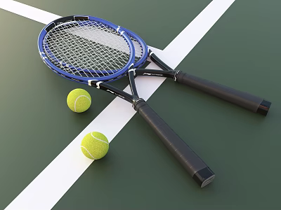 High Quality Blue Black Tennis Rackets Crossed With Yellow Balls On Green Court 3d model