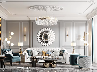 Elegant Modern Living Room Interior With Chandelier Decorative Mirror Sofa And Coffee Table 3d model