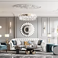 Elegant Modern Living Room Interior With Chandelier Decorative Mirror Sofa And Coffee Table