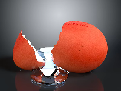 Decorative Cracked Red Egg Shell With Transparent Diamond Shape Object And Reflective Base 3d model