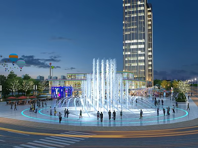Large Fountain As Garden Feature In Evening Urban Plaza With People Lighting And Tall Building 3d model