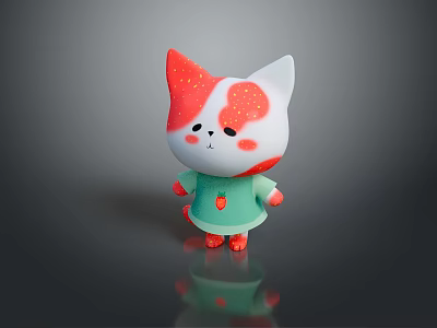 Cute Strawberry Pattern Cat Doll With Red White Head And Green Dress 3d model