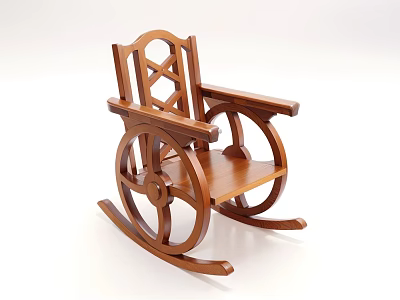 Classic Wooden Rocking Chair With Cross Back Design And Wheel Shaped Armrests 3d model