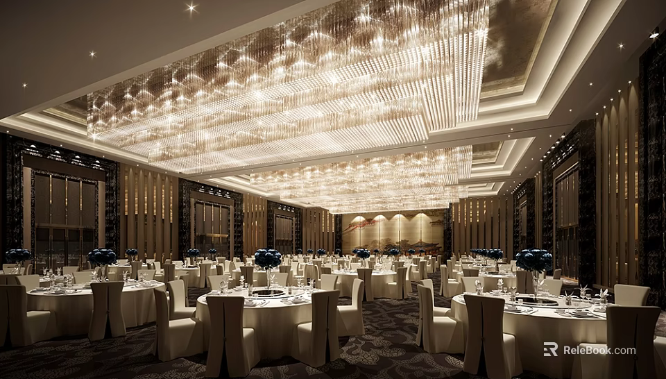 Luxurious Banquet Hall Interior Design With Crystal Chandeliers White Tablecloths And Dining Tables 3d model 