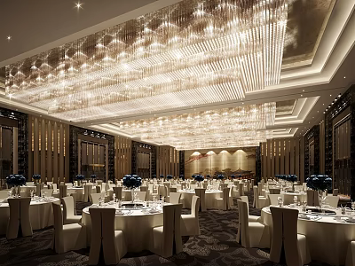 Luxurious Banquet Hall Interior Design With Crystal Chandeliers White Tablecloths And Dining Tables 3d model
