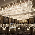 Luxurious Banquet Hall Interior Design With Crystal Chandeliers White Tablecloths And Dining Tables