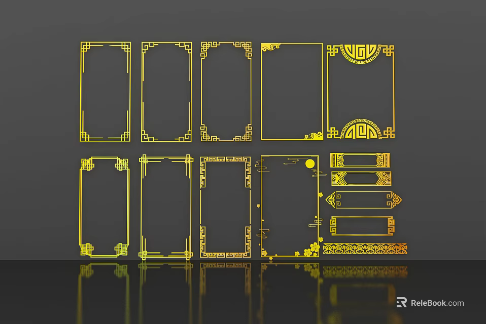 Traditional Golden Carved Frames With Various Shapes And Intricate Patterns 3d model 