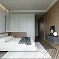 Modern Minimalist Bedroom Interior With Platform Bed White Chair Desk Wooden Floor And Paneled Walls