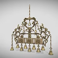 Ornate Brass Chandelier With Intricate Carvings And Bell Decorations