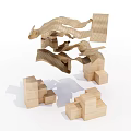 Abstract Wooden Decorative Ornament Set With Flowing Wooden Pieces And Stacked Blocks