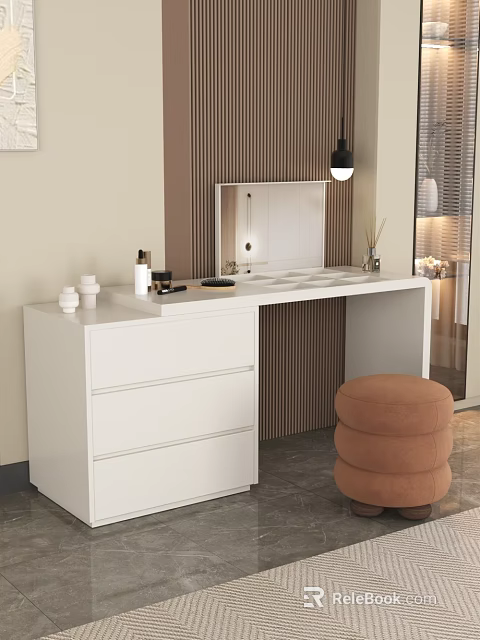 Stylish White Dressing Table With Wooden Wall Pendant Lamp And Brown Stool 3d model 