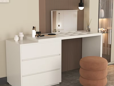 Stylish White Dressing Table With Wooden Wall Pendant Lamp And Brown Stool 3d model