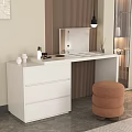 Stylish White Dressing Table With Wooden Wall Pendant Lamp And Brown Stool