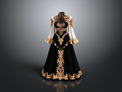 Elegant Black Dress With High Neck White Sleeves And Gold Patterns 3d model