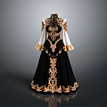 Elegant Black Dress With High Neck White Sleeves And Gold Patterns