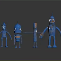 Four Blue Robot Characters With Various Designs Standing In A Row 3d model