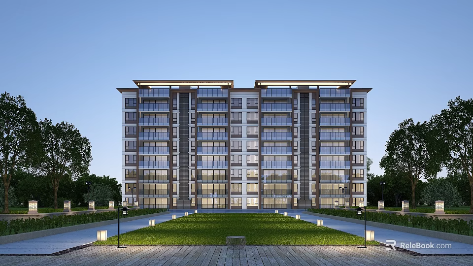 Modern Multi Story Residential Building With Glass Windows Lawn And Trees 3d model 