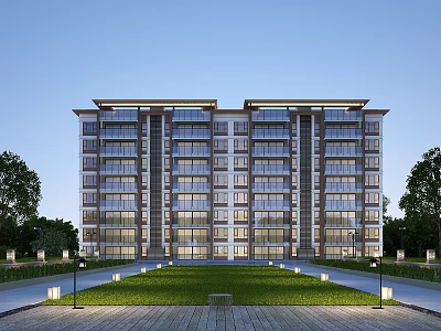 Modern Multi Story Residential Building With Glass Windows Lawn And Trees 3d model