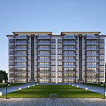 Modern Multi Story Residential Building With Glass Windows Lawn And Trees