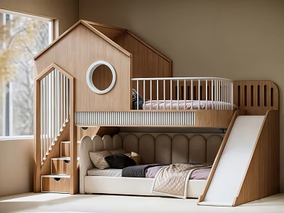 Wooden House Shaped Bunk Bed With Round Window Upholstered Lower Bed Slide And Stairs For Kids Room 3d model