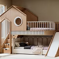 Wooden House Shaped Bunk Bed With Round Window Upholstered Lower Bed Slide And Stairs For Kids Room