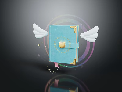 Magical Blue Book With White Wings And Golden Lock Surrounded By Stars And Glowing Halo 3d model
