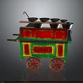 Colorful Vintage Food Cart With Red Green Body And Black Bowls On Wheels