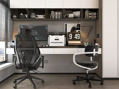 Modern Home Office Desk Setup With Computer Printer Clock Bookshelf And Decorations 3d model