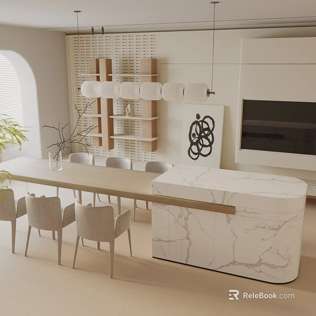 Modern Dining Table Set With Gray Chairs And Marble Island In Open Kitchen 3d model