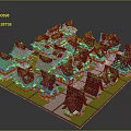 3D Miniature Village Model with Neatly Arranged Small Houses Dark Roofs and Green Ground