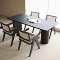 Modern Black Dining Table And Woven Chairs Set With Natural Light From Window 3d model