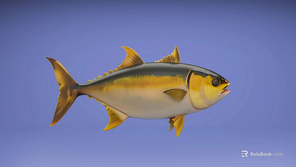 Aquatic Animal Tuna Fish With Yellow Fins Black Yellow Stripes Swimming In Blue Underwater Scene 3d model 