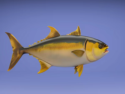 Aquatic Animal Tuna Fish With Yellow Fins Black Yellow Stripes Swimming In Blue Underwater Scene 3d model