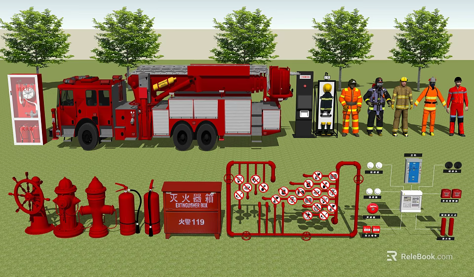 Fire Fighting Equipment Display With Fire Truck Hydrants Extinguishers And Tools 3d model 
