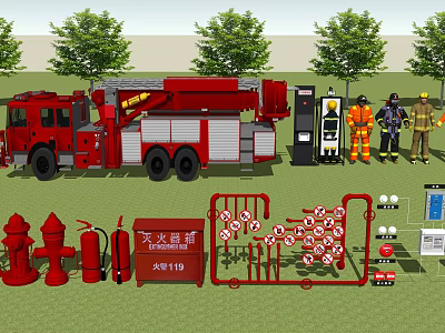 Fire Fighting Equipment Display With Fire Truck Hydrants Extinguishers And Tools 3d model