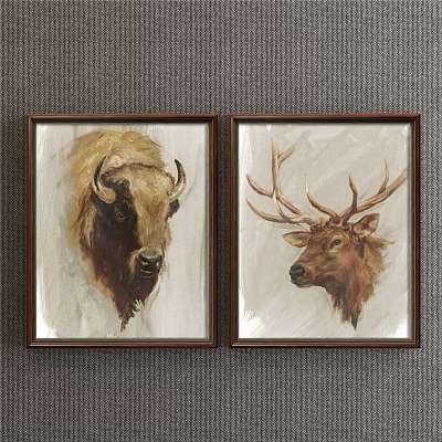 Two Framed Animal Paintings Featuring Bison And Elk Head Portraits In Artistic Style 3d model